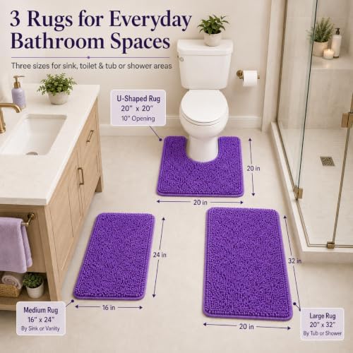 RUN HELIX Purple Bathroom Rugs Sets 3 Piece Non Slip Extra Absorbent Shaggy Chenille Bathroom Rugs and Mats Sets, Soft & Dry Bath Rug/Mat Set for Bathoom Mats - Image 2