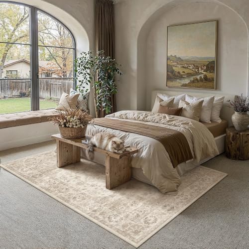 PureCozy Beige Area Rug 8x10 Living Room Neutral Vintage Non-Slip Carpet - Image 3