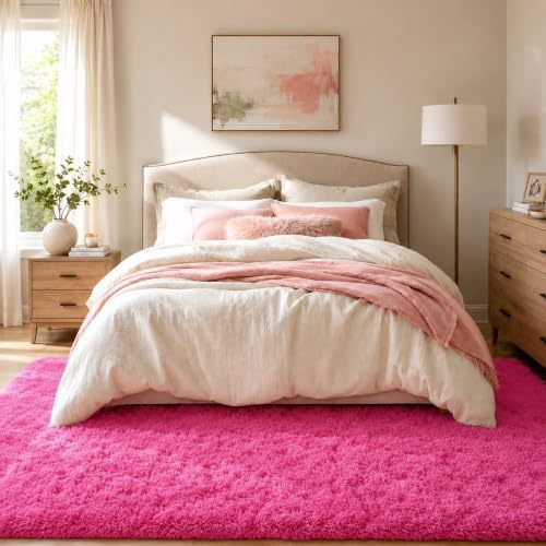 Hot Pink Fluffy Area Rug 5x8 Ft, Washable for Living Room - Image 2