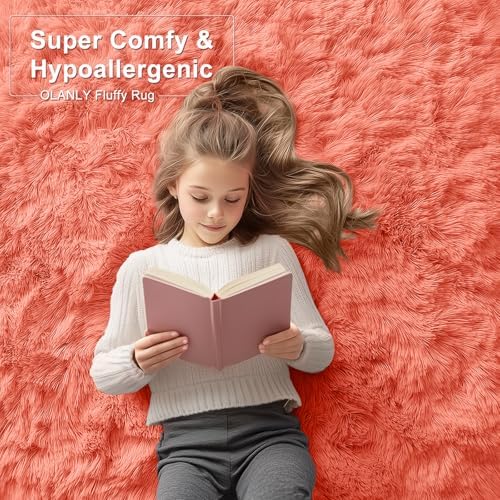 OLANLY 6x9 Machine Washable Large Area Rugs for Living Room, Bedroom, Soft Fluffy Shaggy Bedside Rug, Indoor Floor Carpet for Kids Girls and Boys, Dorms, Nursery, Home Decor Aesthetic, Coral Red - Image 6