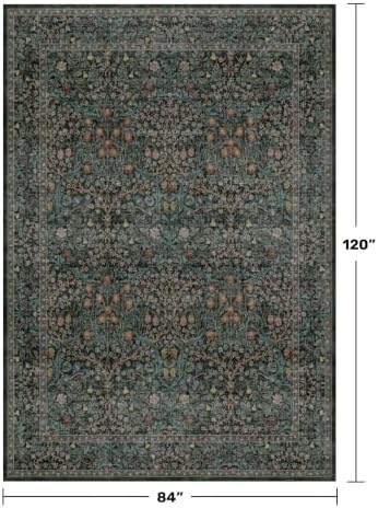 Vintage Dark Green Living Room Rug, 7x10 Washable Area Rugs for Dining Room Under Table, Bedroom, Oriental Low Pile Stain Resistant Non-Slip Thin Soft Carpet - Image 2