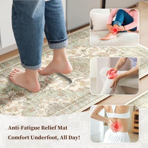 Boho Kitchen Mats for Floor 2PC Anti Fatigue Kitchen Rugs, Green Orange - Image 3