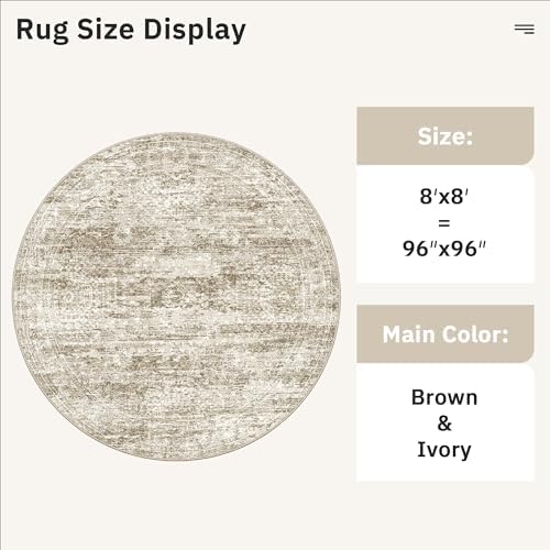 Soalmost Round Rugs 8ft Living Room Circle Area Rug 8x8 Brown Vintage - Image 5