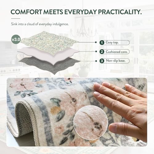 Lahome Sylvie Round Boho Floral Rugs 4ft, Cream Washable Circle Rugs for Bedroom Nursery, Vintage Beige Circular Carpet, Soft Non-Slip Carpet for Kids Room Playroom Calm Corner, Beige - Image 5