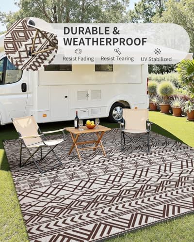 MontVoo Outdoor Rug 8x10 Waterproof Outdoor Patio Rug Mat Reverisble Plastic Straw Outdoor Rug for RV Camping Picnic Beach Balcony Boho Beige Brown - Image 3
