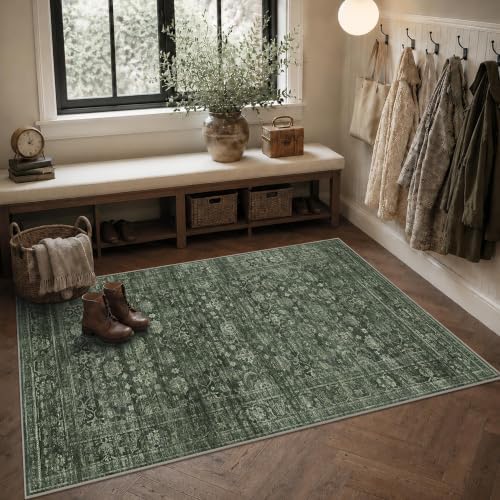 JOOJA 4x6 Dark Olive Green Vintage Boho Washable Indoor Soft Area Rug - Image 3