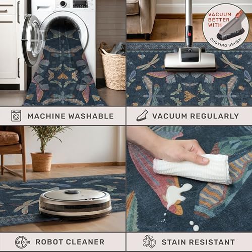 Vintage 2x10 Washable Entryway Indoor Runner Rug, Non Slip Carpet for Kitchen, Dark Blue Insect Moth Décor, Soft Low Pile Stain Resistant Mat - Image 5