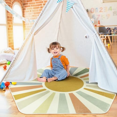 Sun 4'x 4'7" Kids Rug, Washable Hexagon Reading Corner Rug for Playroom by STARUIA