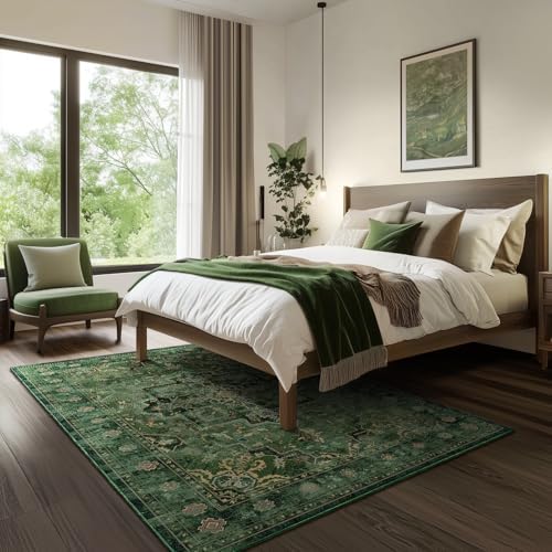 Vintage Dark Green Area Rugs 5x7 for Living Room, Tranditional Distressed Medallion Printed Low Pile Thin Rugs for Bedroom, Non Slip Washable Carpet Rugs for Dining Room/Kitchen/Home Office - Image 4