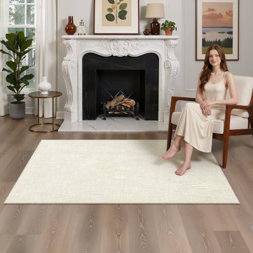Valenrug 4x6 Area Rug, High-Low Pile Washable Rug for Living Room, Ivory by Valenrug