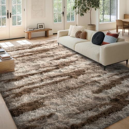 9x12 Non-Slip Fluffy Area Rugs For Living Room (Tie-dye Light Brown) - Image 2