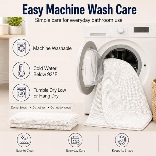 White Bathroom Rugs and Mats Set, 2 Piece Chenille Bath Mat Set, Machine Wash Dry, Non Slip Absorbent Shaggy Bath Rug for Bath Room, Shower and Tub (20" x 32"+16" x 24") Bathroom Rug St Accessories - Image 5