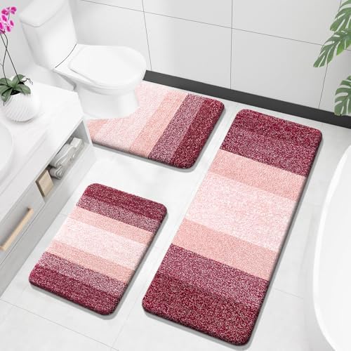 OLANLY Microfiber Bathroom Rugs Sets 3 Piece, Absorbent Bath Mats, Red by OLANLY