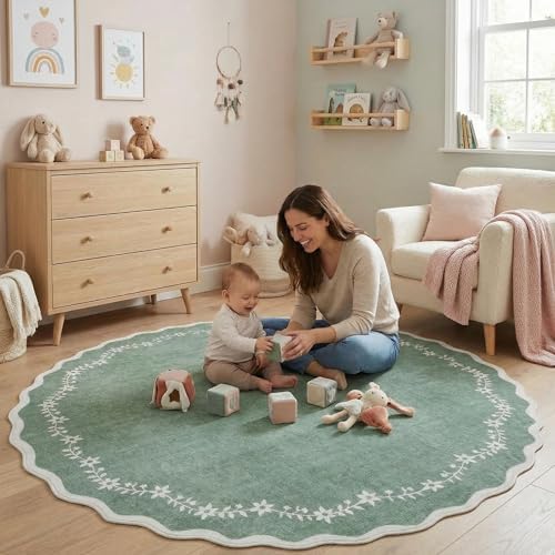 GarveeHome Round Area Rug 5ft Scalloped Washable Circle Rug for Bedroom by GarveeHome