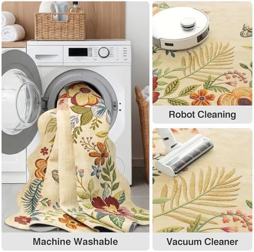 FMFUNCTEX 4x5 Washable Beige Floral Vintage Scalloped Area Rug for Entryway - Image 5