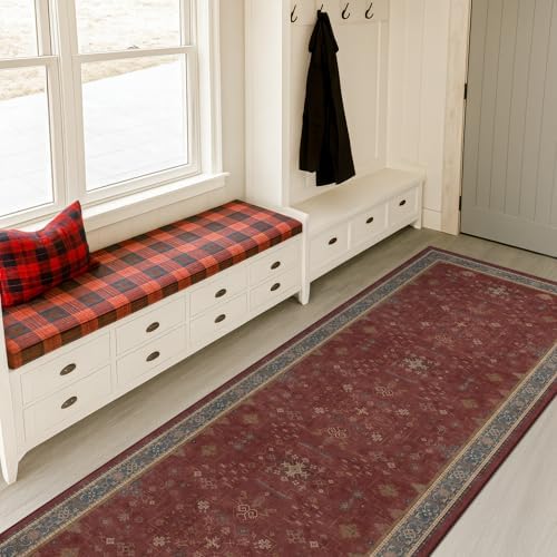 Dark Red 2'6''x8' Wide Hallway Runner Rug - Washable Kitchen Sink Rug, Non Slip 8ft Long Runner Rug for Entryway, Burgundy Turkish Floral Print Home Décor - Image 6
