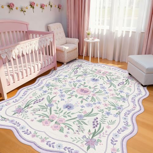 Scalloped Floral Rug 6x9, Purple Lavender Washable Non Slip Area Rug for Girls Bedroom, Soft Low Pile Cottagecore Rug for Nursery, Dorm, Bedroom by Dadasgk