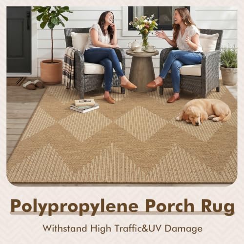 MontVoo-Outdoor Rug Carpet Patio Rug 4x6 ft Polypropylene Indoor Outdoor Rugs for Patio Deck Balcony Porch, Textured Weave, Durable for High Traffic, Fade-Resistant, Boho Geometric Neutral Brown - Image 5