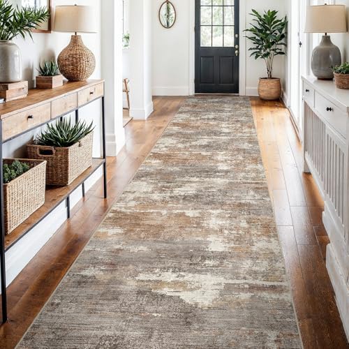 2'6x14 Runner Rug Washable Abstract: Non Slip Hallway Floor Mat Brown/Brick by Ksrau