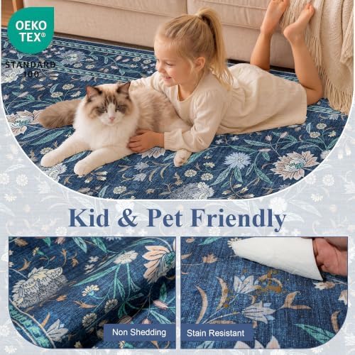 DUKINO 4x6 Area Rug, Washable Vintage Floral Rug for Living Room, Dark Blue - Image 4