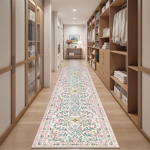 PLHXFR 2.6x10 Washable Runner Rug：Floral Indoor Kitchen Carpet Pink Green - Image 5