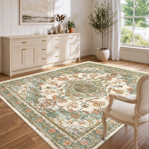 5x7 Area Rugs for Living Room, Boho Washable Carpets, Green Orange Beige by tubeamin