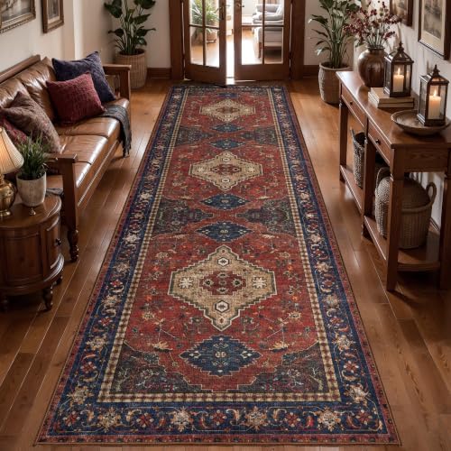 Tangsoo Red 3x8 Washable Runner Rug for Hallways, Boho Non Slip Runner Rug by Tangsoo