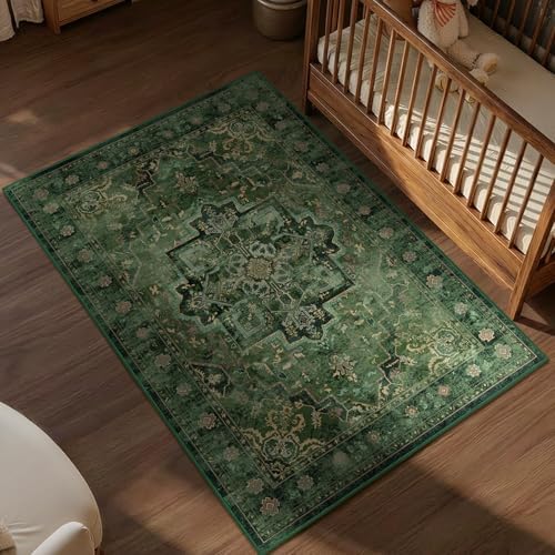 Green Medallion 4x5 Throw Rug for Large Kitchen, Distressed Vintage Small Area Rugs for Living Room Bedroom, Washable Non Slip Thin Carpet Rug for Home Office/Bathroom/Foyer - Image 3