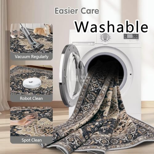 Area Rug 8x10 Vintage Rugs: Large Washable Living Room Rug Retro Medallion Distressed Soft Low Pile Non-Slip Indoor Floor Carpet for Bedroom Kitchen Nursery Dining Office (BeigeBlack, 8'x10') - Image 7