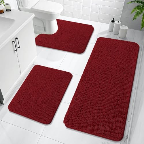 OLANLY Chenille Bathroom Rugs Sets 3 Piece, 47"x20"+24"x16"+24"x20", Red by OLANLY