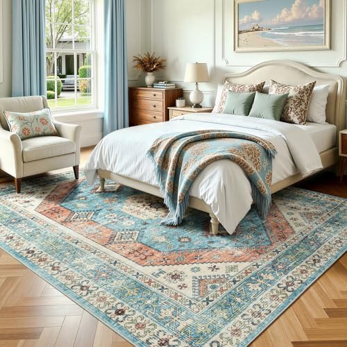 Lofus Living Room Rugs 8x10, Boho Terracotta and Blue Washable Carpet - Image 2