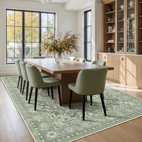 8x10 Sage Green Rugs for Living Room, Modern Vintage Medallion Washable Large Rug for Playroom Bedroom, Cozy Cottagecore Low Pile Thin Soft Carpet Rugs for Dining Room Soft Green - Image 4