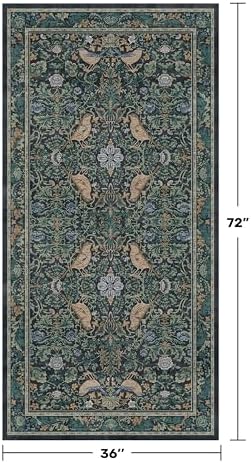 Blue 3x6 Washable Rug for Large Entryway - Boho Bird Rugs for Kitchen, Bedroom Bedside, Indoor Entrance Door Mat with Woodland Flowers, Non-Slip Stain Resistant Low Pile - Image 2
