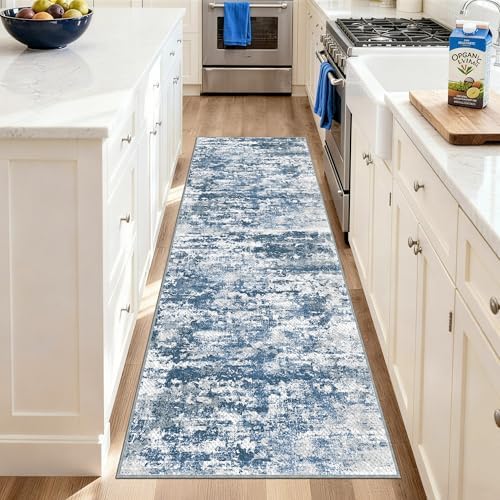Modern Hallway Runner Rug 2x6, Textured Non Slip Carpet Runner, Blue - Image 2