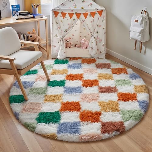 PureCozy Colorful Round Rug 5ft for Playroom Soft Checkered Shag Carpet by PureCozy