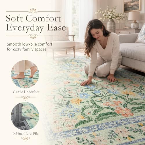 Wonnitar Machine Washable Area Rugs 9x12, Soft Sage Green Floral Rug for Living Room Bedroom, Ultra-Thin Large Foldable Boho Carpets for Playroom Classroom Dining Room - Image 3