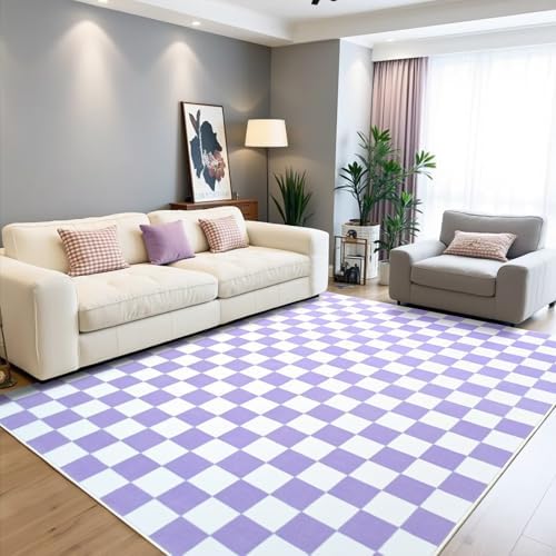 Terrug Purple and White Checkered Rug for Bedroom, 3x5 Washable Area Rugs - Image 2