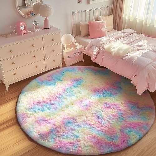 Ophanie Soft Fluffy Shaggy Rugs for Bedroom Living Room Dorm Nursery Home Decor Aesthetic,Color Rainbow, Size 6' Round - Image 5