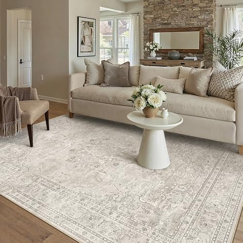 PureCozy Beige 5x7 Area Rug Washable Vintage Carpet Living Room Low Pile by PureCozy