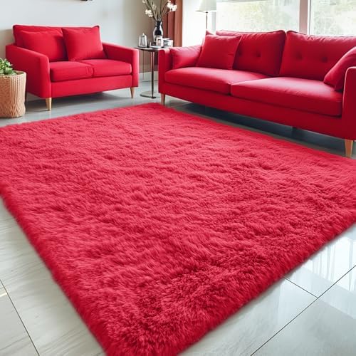 OLANLY 5x8 Machine Washable Large Area Rugs for Living Room, Bedroom, Soft Fluffy Shaggy Bedside Rug, Indoor Floor Carpet for Kids Girls and Boys, Dorms, Nursery, Home Decor Aesthetic, Red by OLANLY