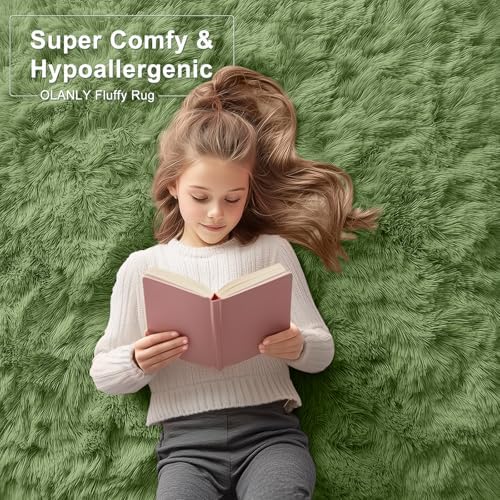 OLANLY 6x9 Machine Washable Large Area Rugs for Living Room, Bedroom, Soft Fluffy Shaggy Bedside Rug, Indoor Floor Carpet for Kids Girls and Boys, Dorms, Nursery, Home Decor Aesthetic, Green - Image 6