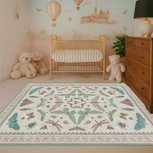 Hazo Haus Green and Blue Nursery Rug 5x8 - Washable Soft Area Rugs for Bedroom Under Bed, Living Room, Vintage Floral Butterfly Fun Indoor Floor Decor - Image 3