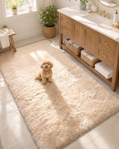 OLANLY 3x6 Machine Washable Runner Rugs for Hallway, Soft Fluffy Shaggy Bedside Rugs for Bedroom, Living Room, Indoor Floor Carpet for Kids Girls and Boys, Nursery Rooms, Home Decor Aesthetic, Beige by OLANLY