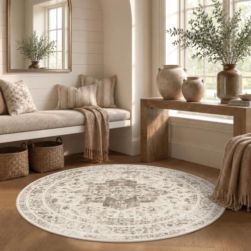 3ft Round Washable Office Rug Non-Slip Medallion Taupe Throw Carpet - Image 3