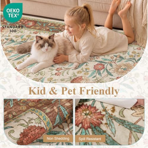 DUKINO 9x12 Area Rug for Living Room, Vintage Floral Washable Rug, Brown - Image 4