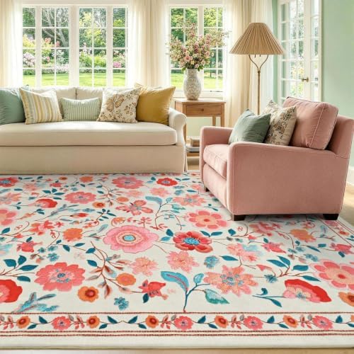 6x9 Ft Washable Area Rug for Living Room Beige Vintage Floral Carpet - Image 3