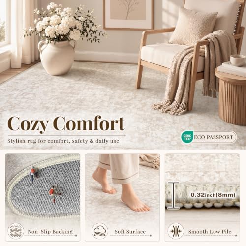8x10 Area Rugs for Living Room: Boho Vintage Washable Rug Non-Slip Soft Stain Repellent Area Rugs Indoor Low-Pile Large Carpet for Bedroom Office Dining Room Playroom Farmhouse (Beige, 8'x10') - Image 6