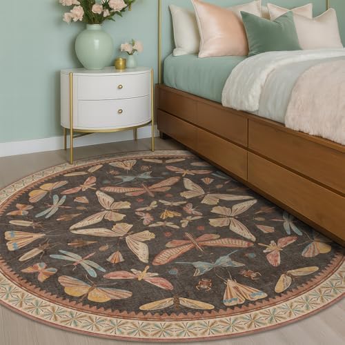 Vintage 6ft Round Living Room Rug, Brown Washable Circle Carpet for Entryway, Home Office & Reading Corner, Soft Stain Resistant Boho Insect Rug - Image 6