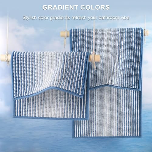 BSICPRO Bathroom Rugs Sets 2 Piece, Non Slip Striped Bath Mats, Sky Blue - Image 4
