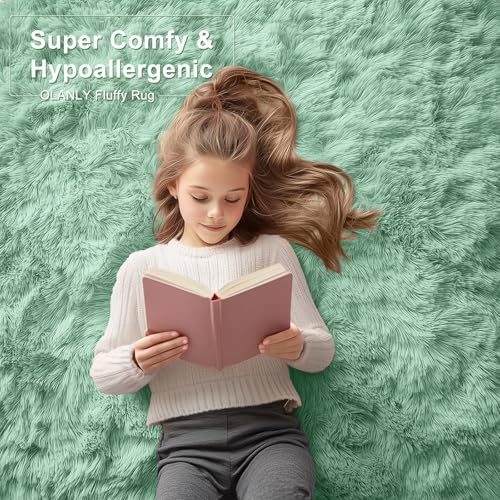 OLANLY Area Rugs for Living Room Bedroom, Machine Washable 4x5.9 ft Soft Fluffy Shaggy Bedside Rug, Indoor Floor Carpet for Kids Girls and Boys, Dorms, Nursery Rooms, Home Decor Aesthetic, Mint Green - Image 6